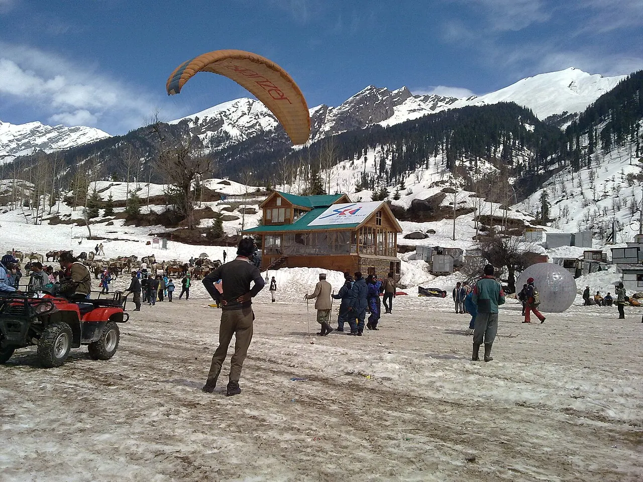 Paragliding over snowy Solang